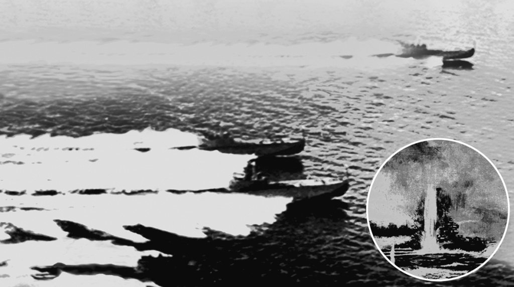 An enemy heavy cruiser sunken by four torpedo boats of the KPA Navy